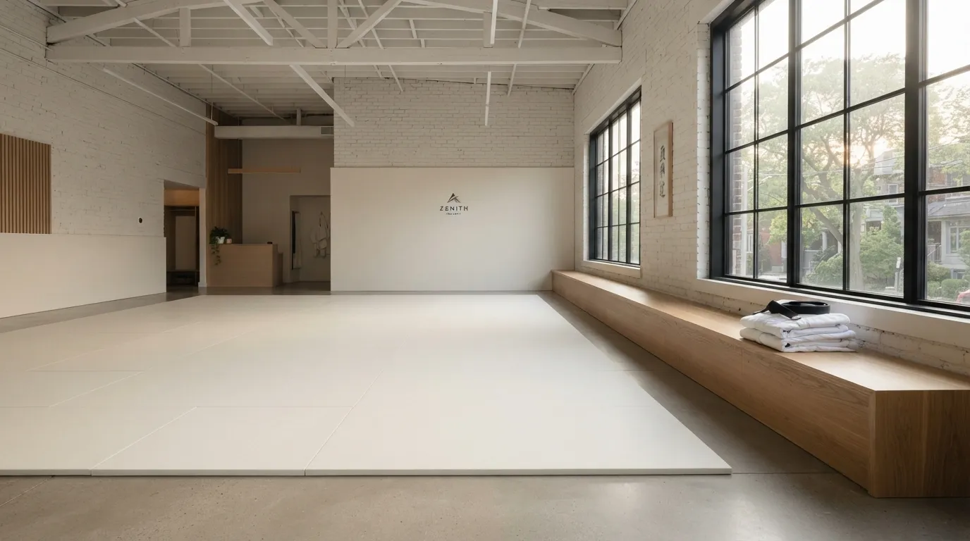 An empty, bright mat room with tall windows and a wooden bench